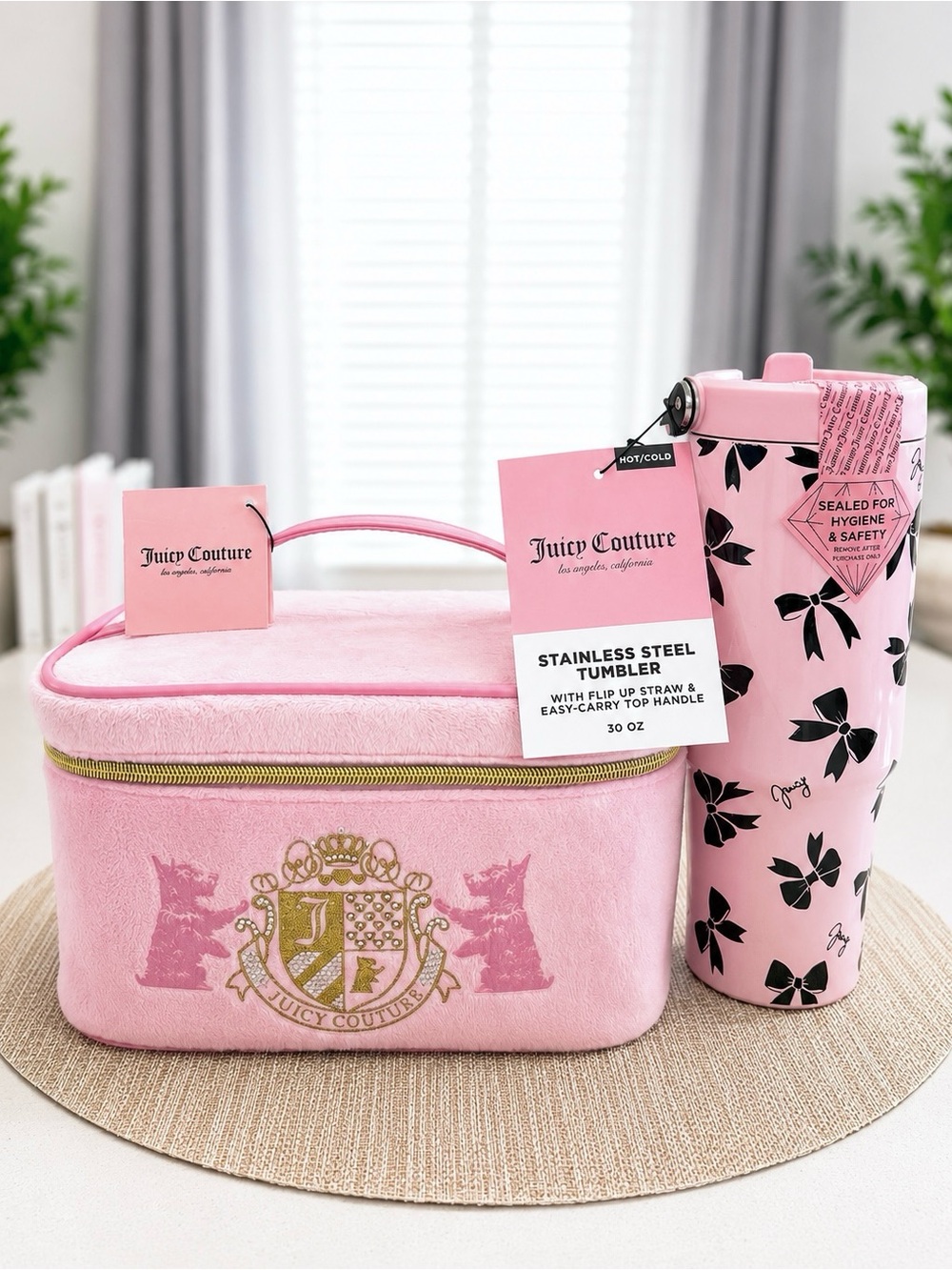 Juicy Couture Pink Plush Cosmetic Case with Pink Floral Tumbler
